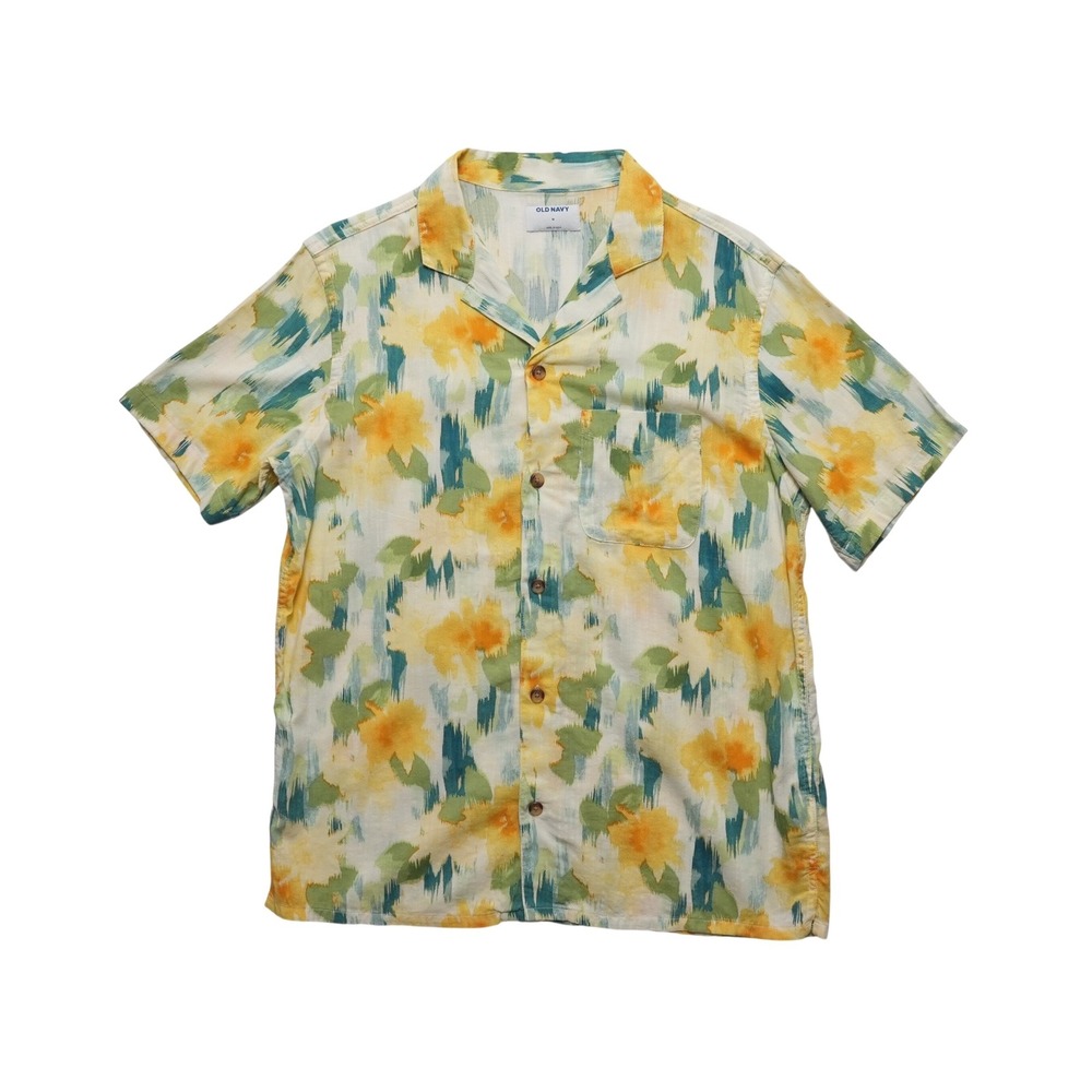 Old Navy Button Up Mens Medium Yellow Floral Camp Collar Short Sleeve Shirt
